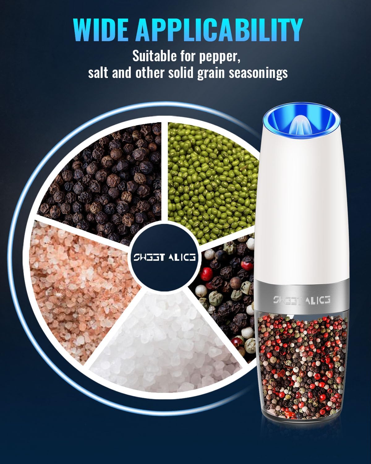 Sweet Alice Gravity Electric Pepper and Salt Grinder Set, Adjustable Coarseness, Battery Powered with LED Light, One Hand Automatic Operation, Stainless Steel Black, 2 Pack