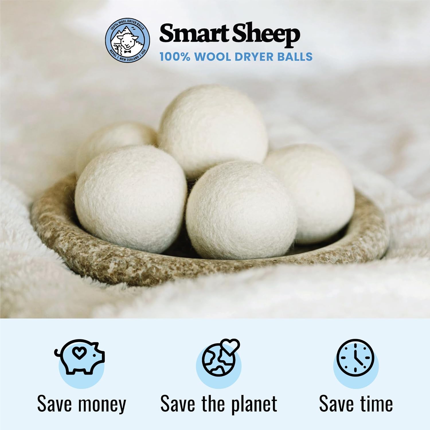 Smart Sheep Wool Dryer Balls - Smart Sheep 6-Pack - XL Premium Natural Fabric Softener Award-Winning - Wool Balls Replaces Dryer Sheets - Wool Balls for Dryer - Laundry Balls for Dryer