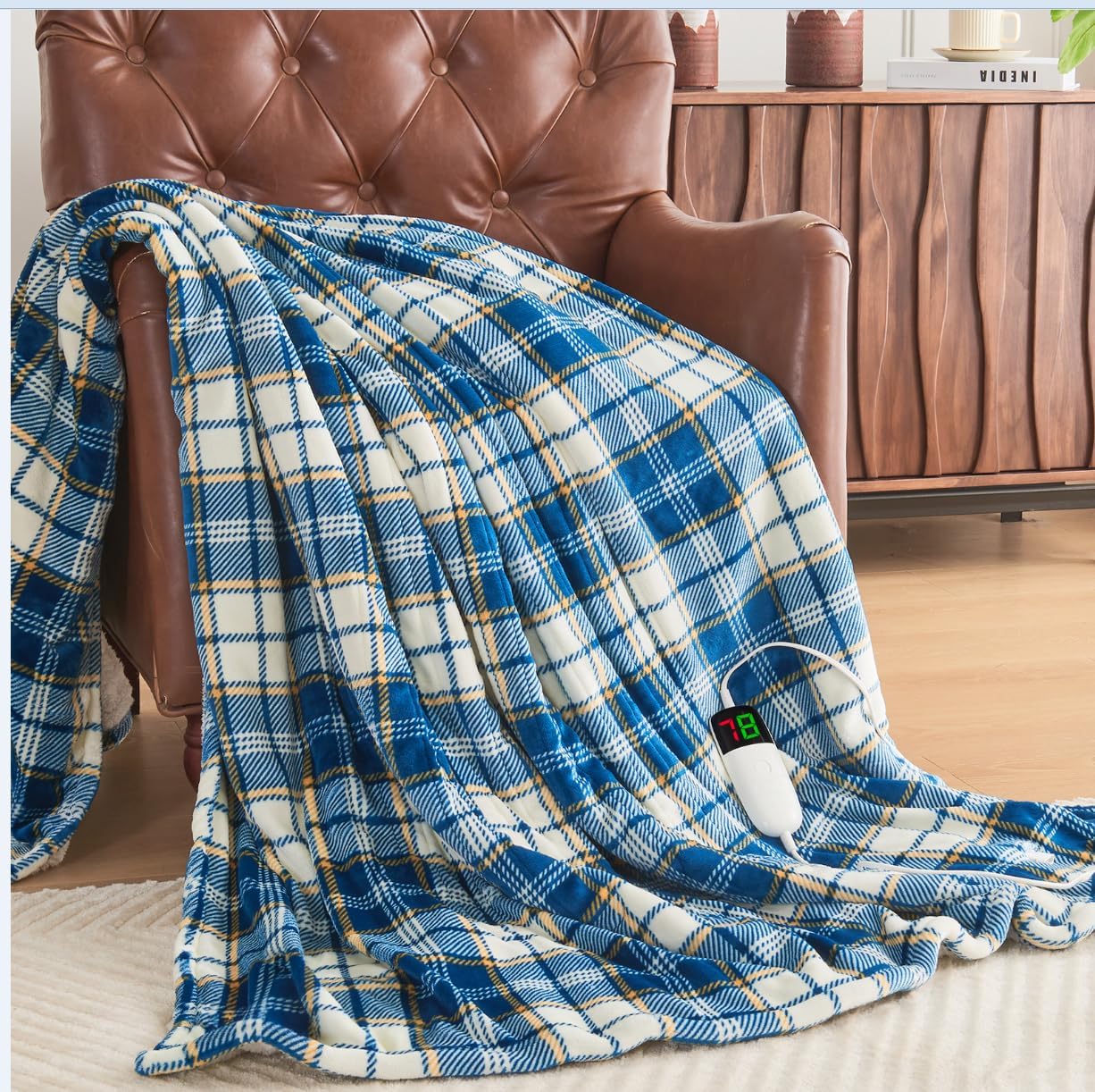 Heated Blanket Electric Throw, 50X60, Heating Throw with 10 Heating Levels/8 Hours Auto Off, Navy Blue Plaid Checkered Sherpa Blanket Warmer for Adults, Washable Blanket Gift for Couch Bed Office, ETL