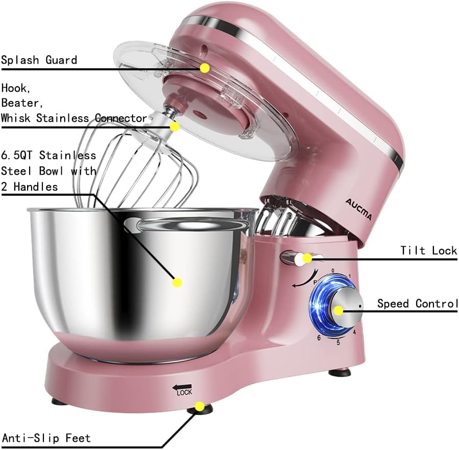 Aucma Stand Mixer,6.5-QT 660W 6-Speed Tilt-Head Food Mixer, Kitchen Electric Mixer with Dough Hook, Wire Whip & Beater (6.5QT, Black)