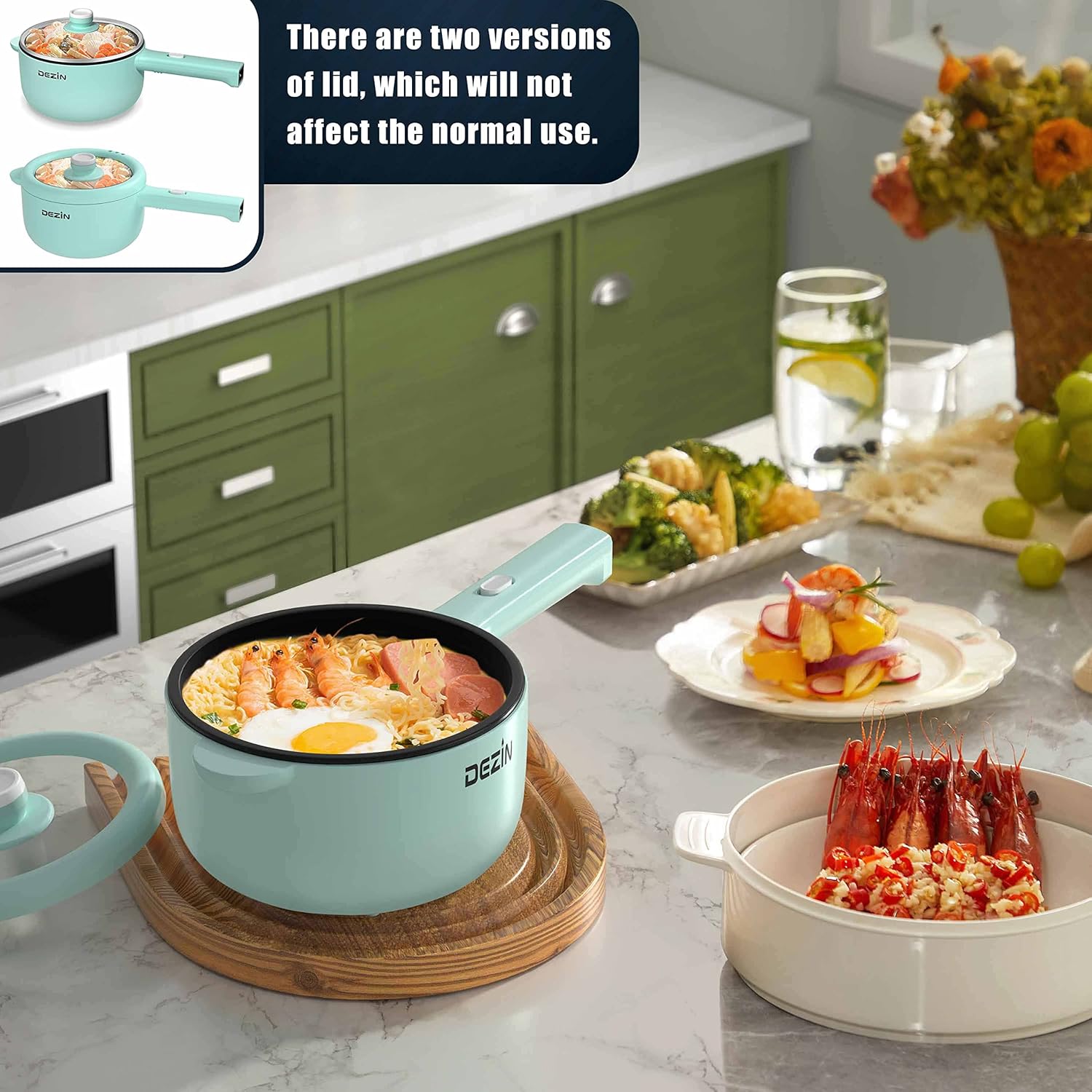 Dezin Electric Cooker, 2L Non-Stick Sauté Pan, Rapid Noodles Cooker, Mini Pot for Ramen with Power Adjustment, Dorm Room Essential (Egg Rack Included)