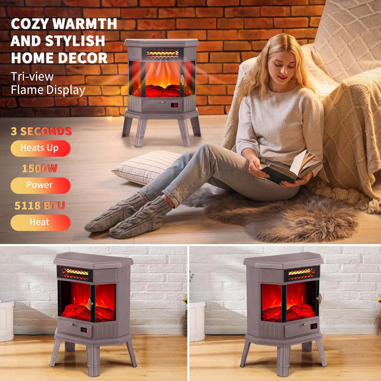 RealSmart Electric Fireplace Heater 22 in Freestanding Fireplace Stove Infrared Fireplace with 3D Flame Effect Remoted Control, Timer, Overheating Protection (Gray)