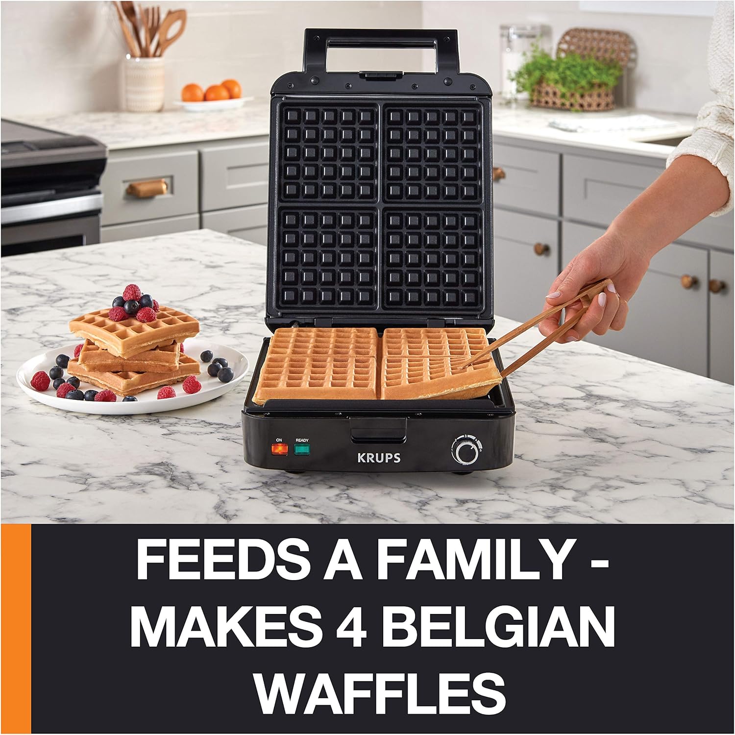 KRUPS: Waffle Maker, Stainless Steel, 4 Slices, 1200 Watts Square, 5 Browning Levels, Removable Plates, Dishwasher Safe, Belgian Waffle Silver and Black