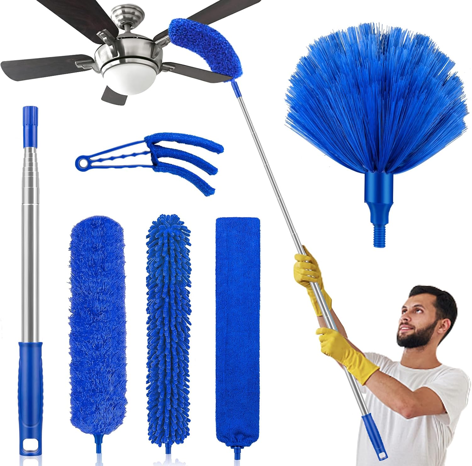 Dusters for Cleaning High Ceiling Fan, Newliton Microfiber Feather Duster with 30'' to 100'' Telescoping Extension Pole, Long Extendable Duster for Home Car Furniture Cobweb Gray