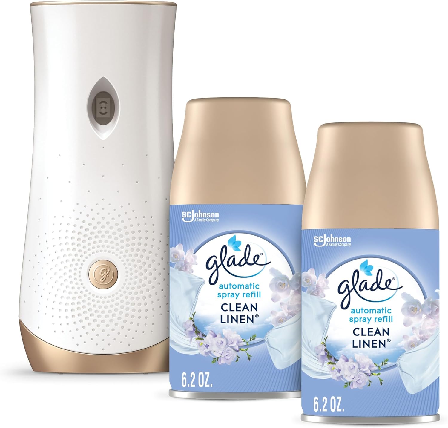 Glade Automatic Spray Refill and Holder Kit, Air Freshener for Home and Bathroom, Clean Linen, 6.2 Oz, 2 Count