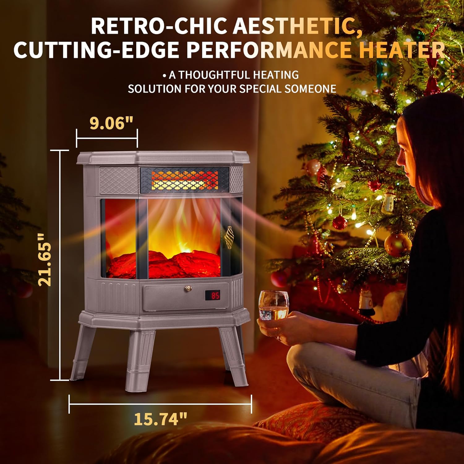 RealSmart Electric Fireplace Heater 22 in Freestanding Fireplace Stove Infrared Fireplace with 3D Flame Effect Remoted Control, Timer, Overheating Protection (Gray)