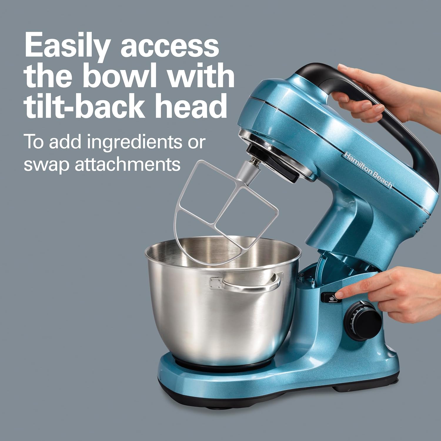 Hamilton Beach Electric Stand Mixer, 4 Quarts, Dough Hook, Flat Beater Attachments, Splash Guard 7 Speeds with Whisk, Black with Top Handle