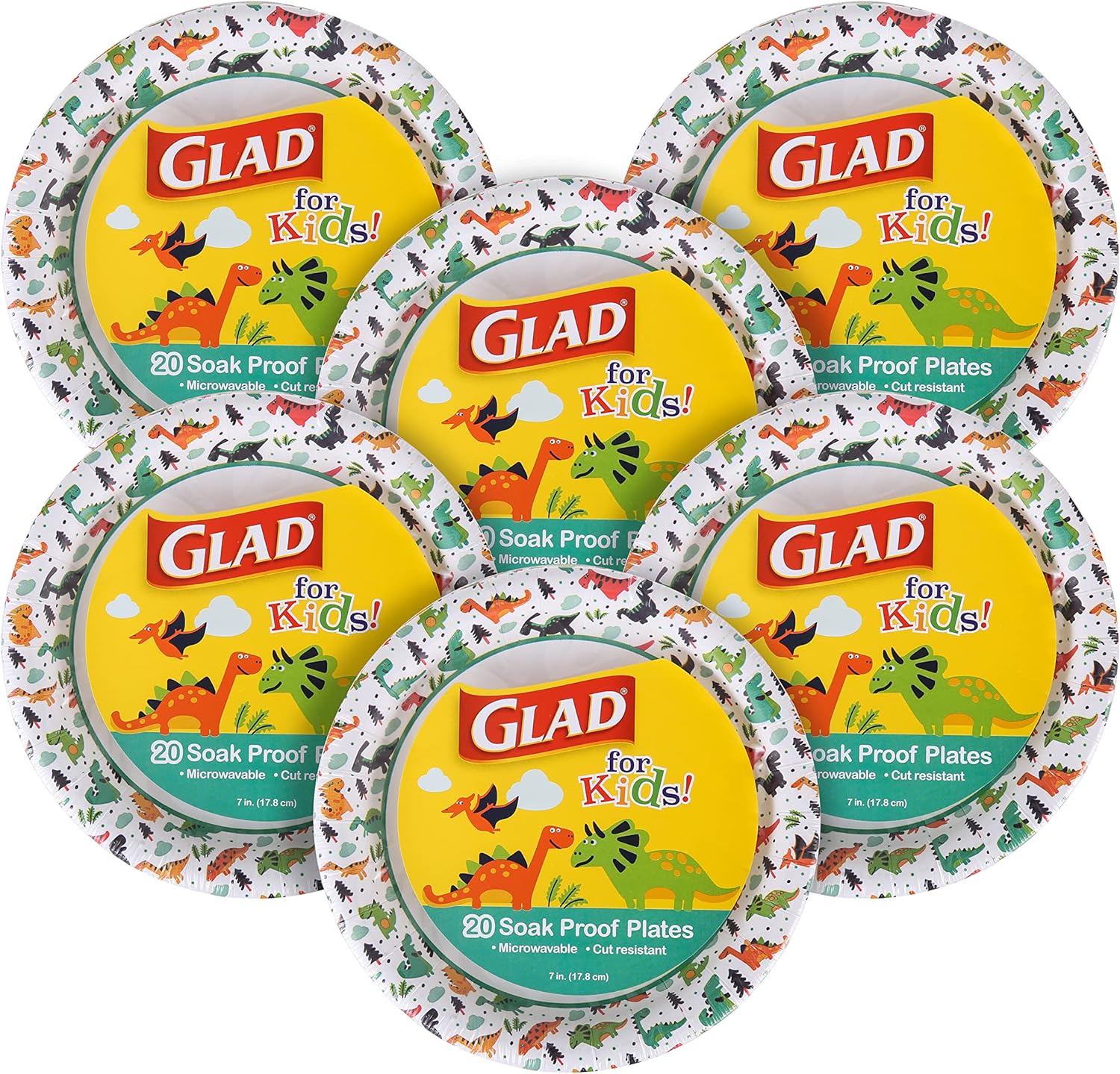 Glad for Kids Dinosaur Design Disposable Paper Plates, 7-Inch, Soak Proof & Microwavable Kid Paper Plates - Perfect for Kids Birthday Parties, Dinosaur Party Supplies - 20 Count Party Plates