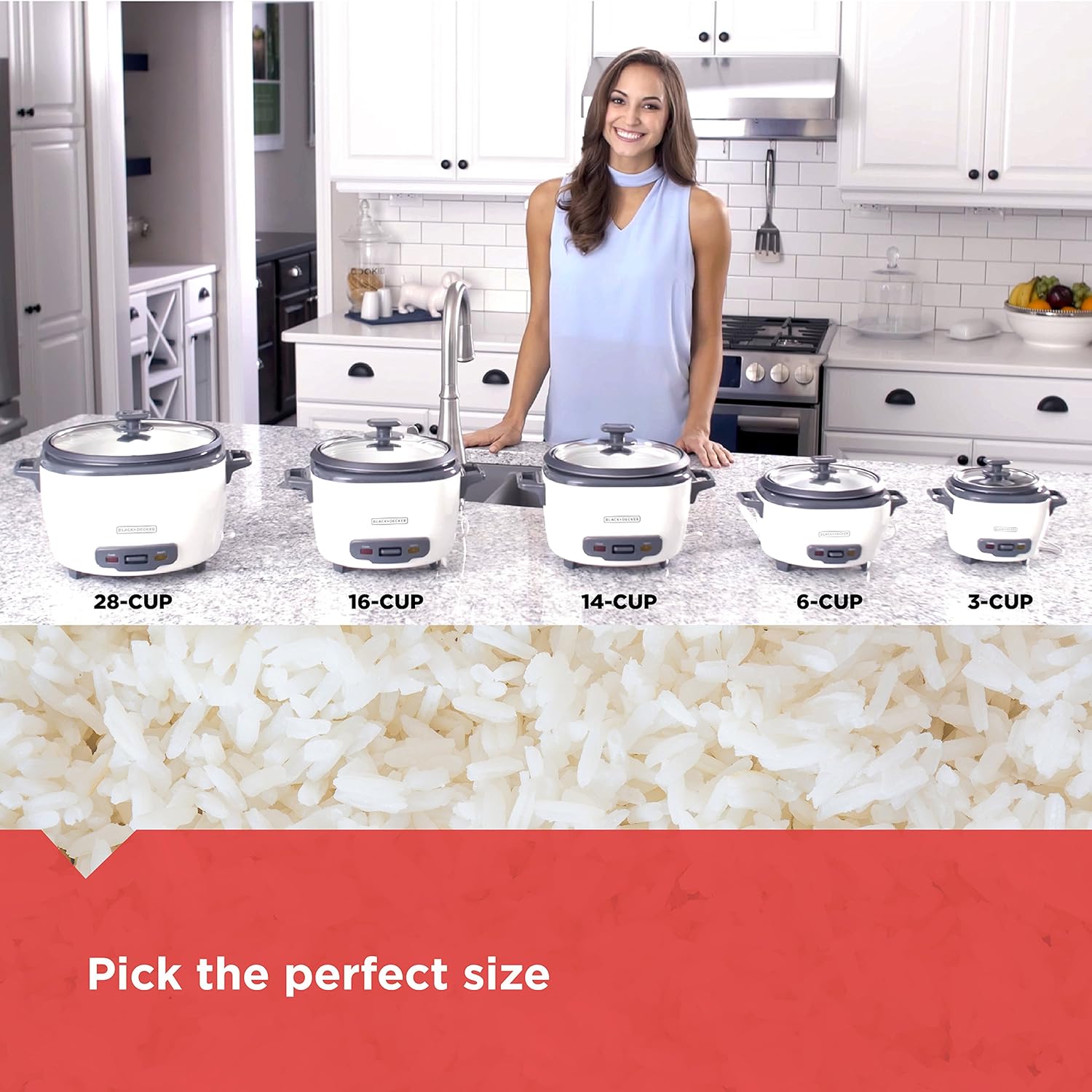 BLACK+DECKER 6-Cup Rice Cooker, RC506, 3-cup Uncooked Rice, Steaming Basket, Removable Non-Stick Bowl, One Touch