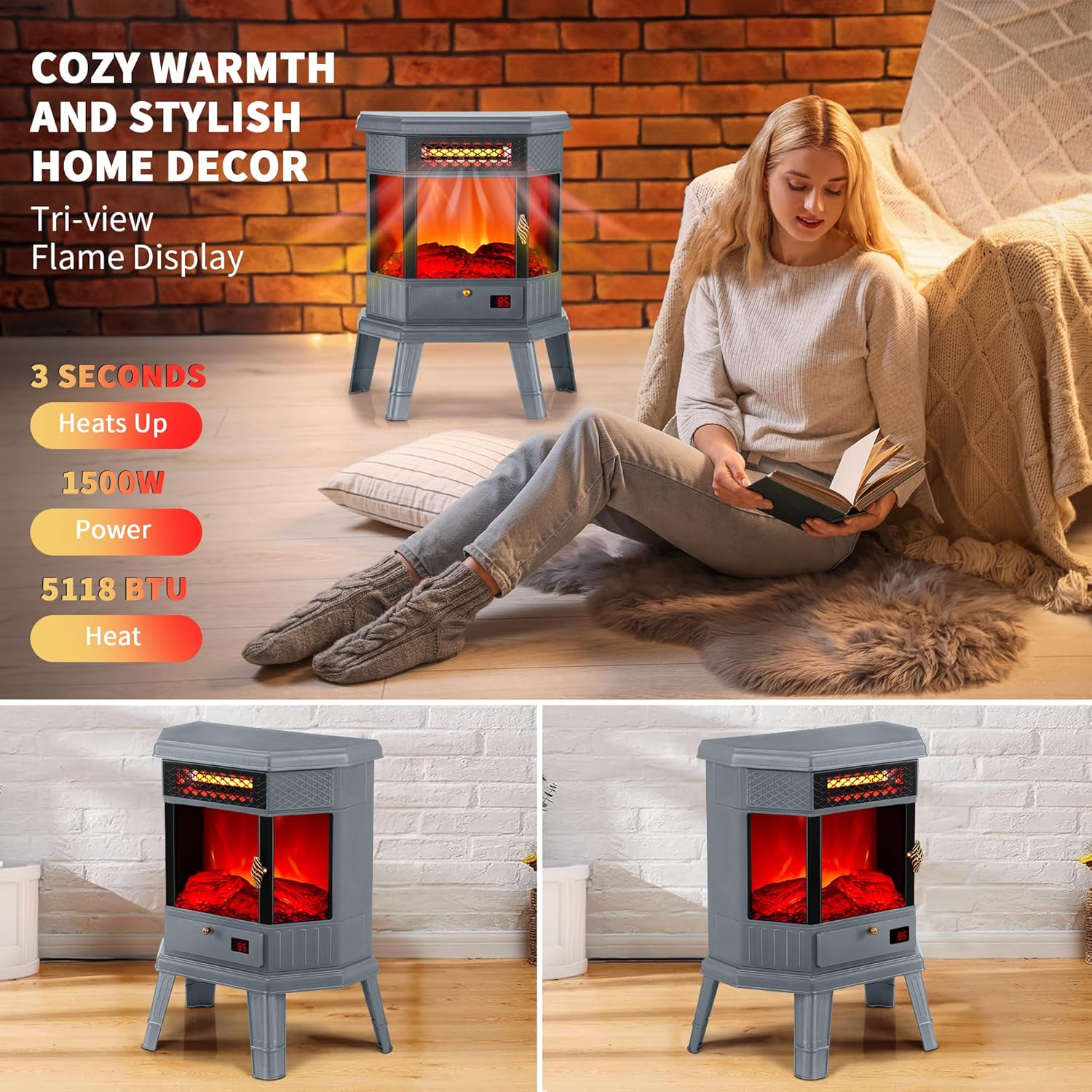 RealSmart Electric Fireplace Heater 22 in Freestanding Fireplace Stove Infrared Fireplace with 3D Flame Effect Remoted Control, Timer, Overheating Protection (Gray)