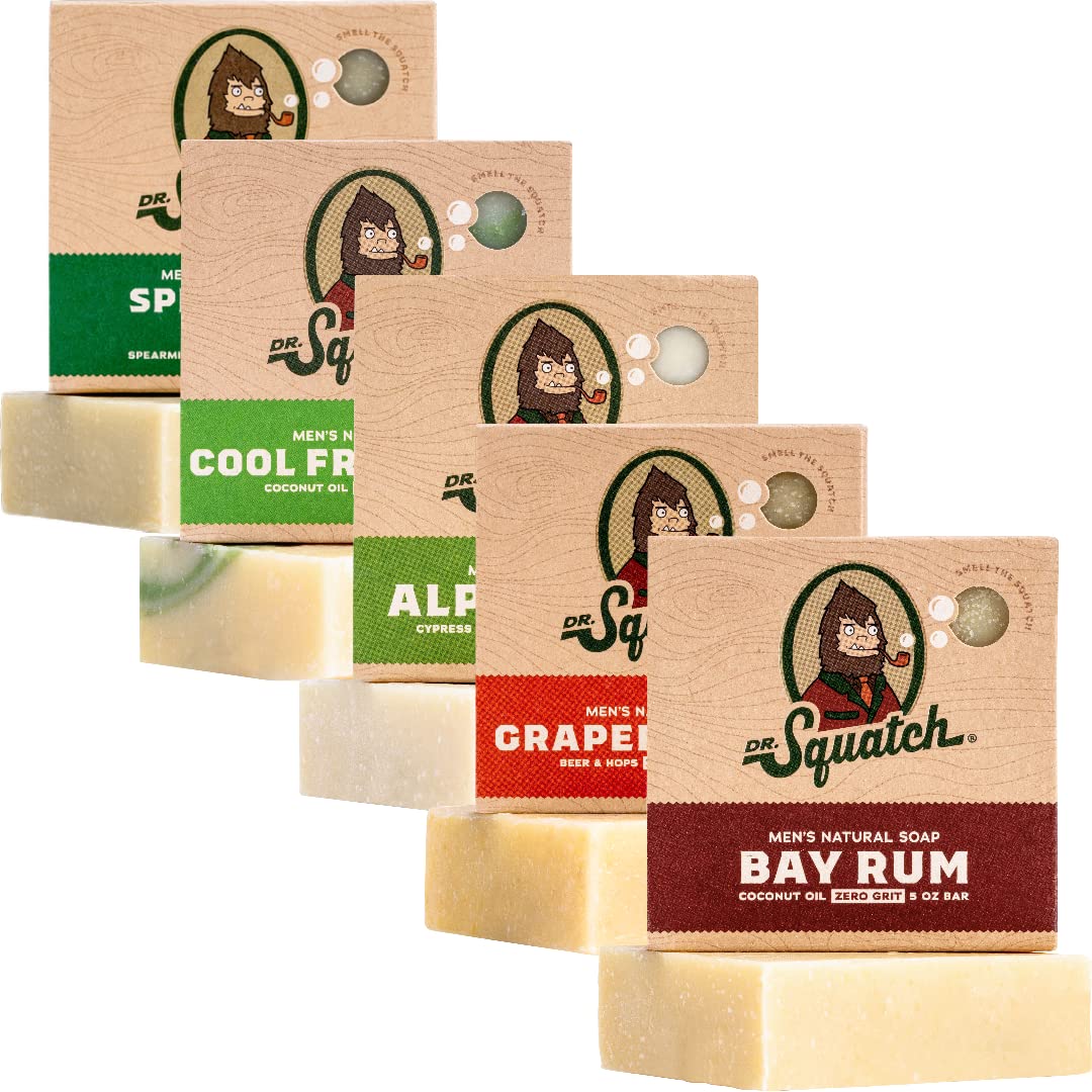 Dr. Squatch All Natural Bar Soap for Men, 5 Bar Variety Pack - Men's Natural Bar Soap - Rainforest Rapids, Coconut Castaway, Fresh Falls, Summer Citrus, and Eucalyptus Greek Yogurt - Soap Gift