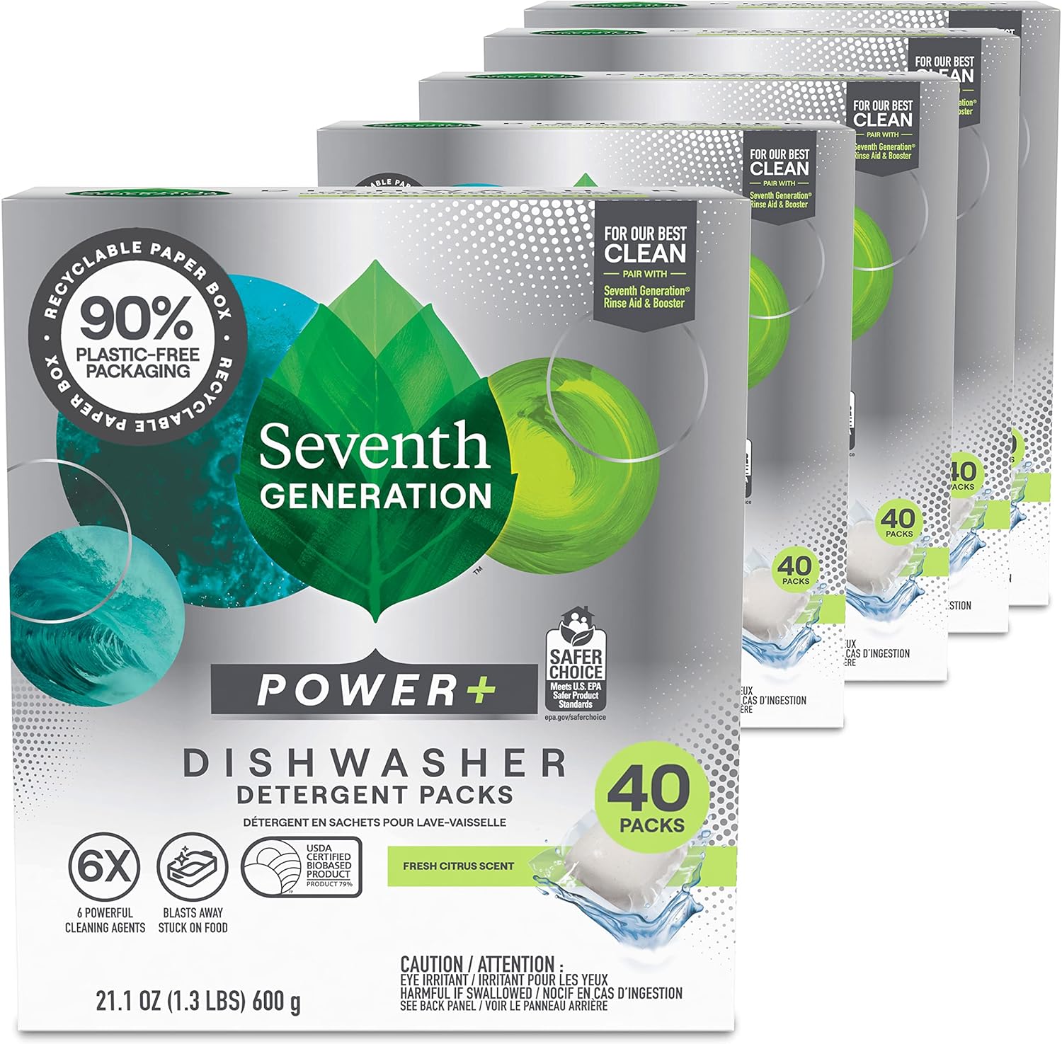 Seventh Generation Power+ Dishwasher Detergent Packs Fresh Citrus scent 1 for sparkling dishes Dishwasher tabs 70 count