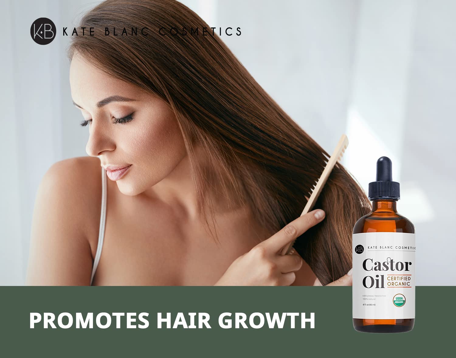 Kate Blanc Cosmetics Castor Oil Organic (2oz), 100% Pure, Cold Pressed, Hexane Free. Stimulate Growth for Hair, Eyelashes, Eyebrows. Hair Treatment Starter Kit & Skin Moisturizer