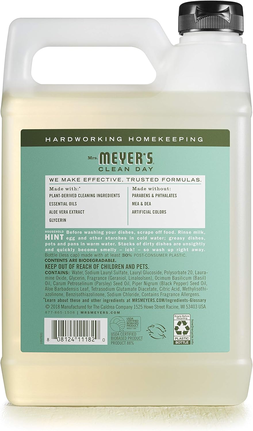 MRS. MEYER'S CLEAN DAY Liquid Dish Soap Refill, Biodegradable Formula, Basil, 48 fl. oz