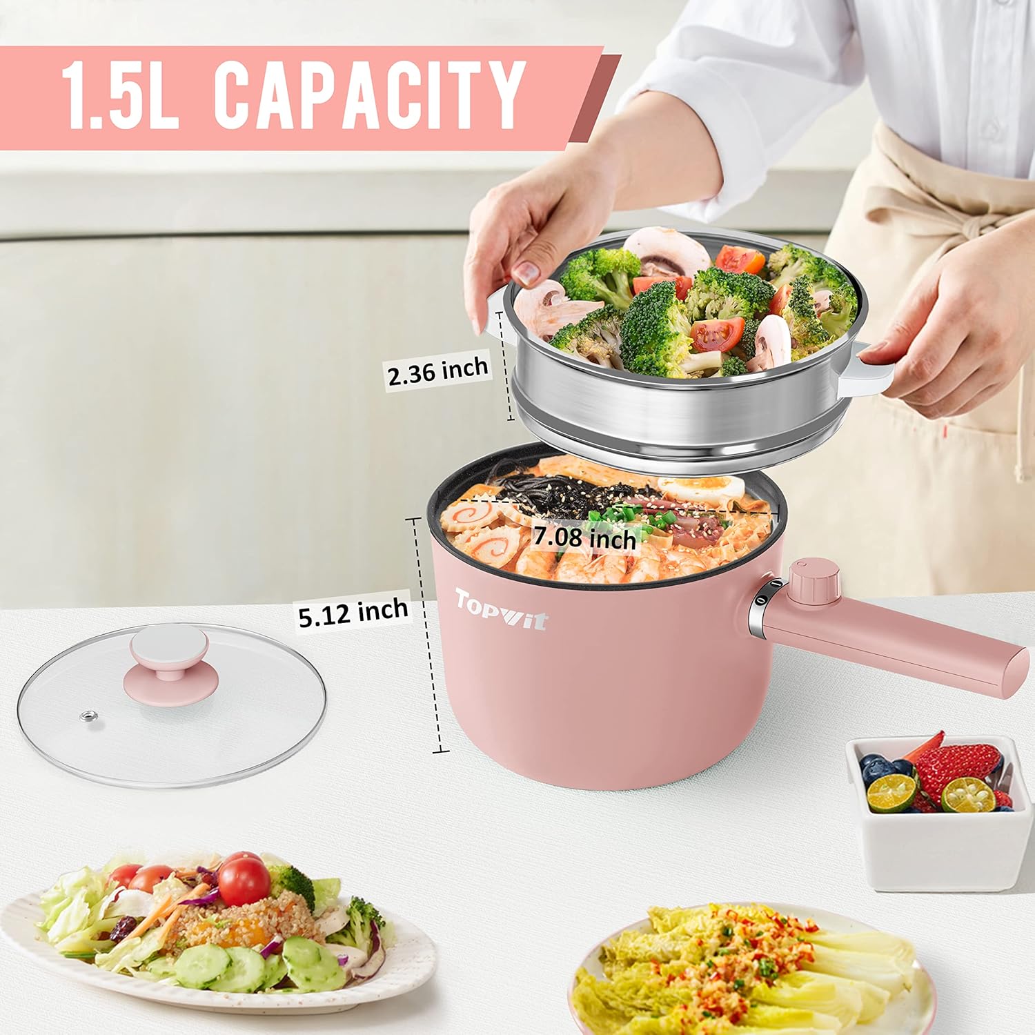 Topwit Hot Pot Electric, 1.5L Ramen Cooker, Portable Non-Stick Frying Pan, Electric Pot for Pasta, Steak, BPA Free, Electric Cooker with Dual Power Control, Over-Heating & Boil Dry Protection, Black