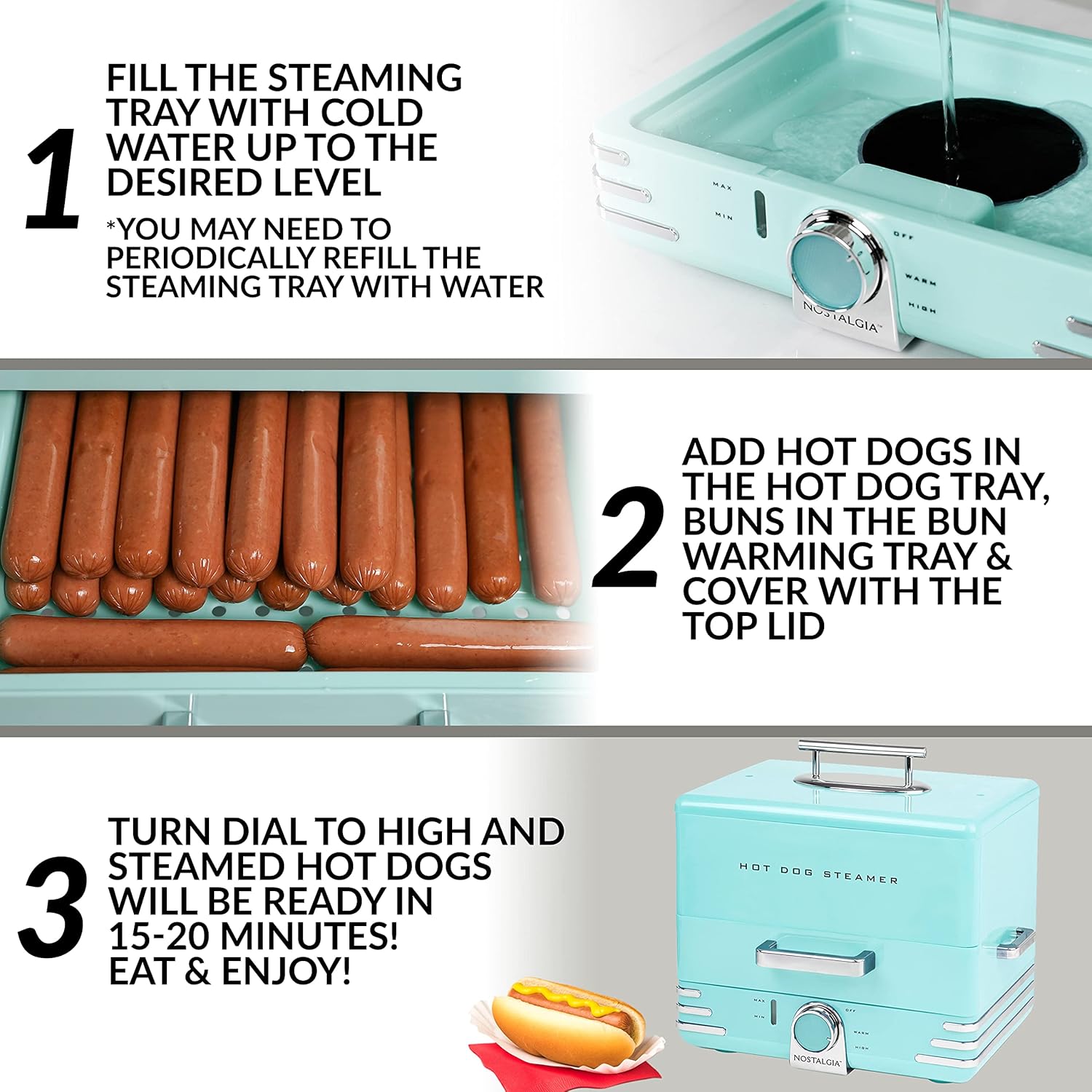 Nostalgia Extra Large Diner-Style Coca-Cola Hot Dog Steamer and Bun Warmer, 24 Hot Dog and 12 Bun Capacity, Steam Bratwursts, Sausages, Vegetables, Fish, Dumplings, Red