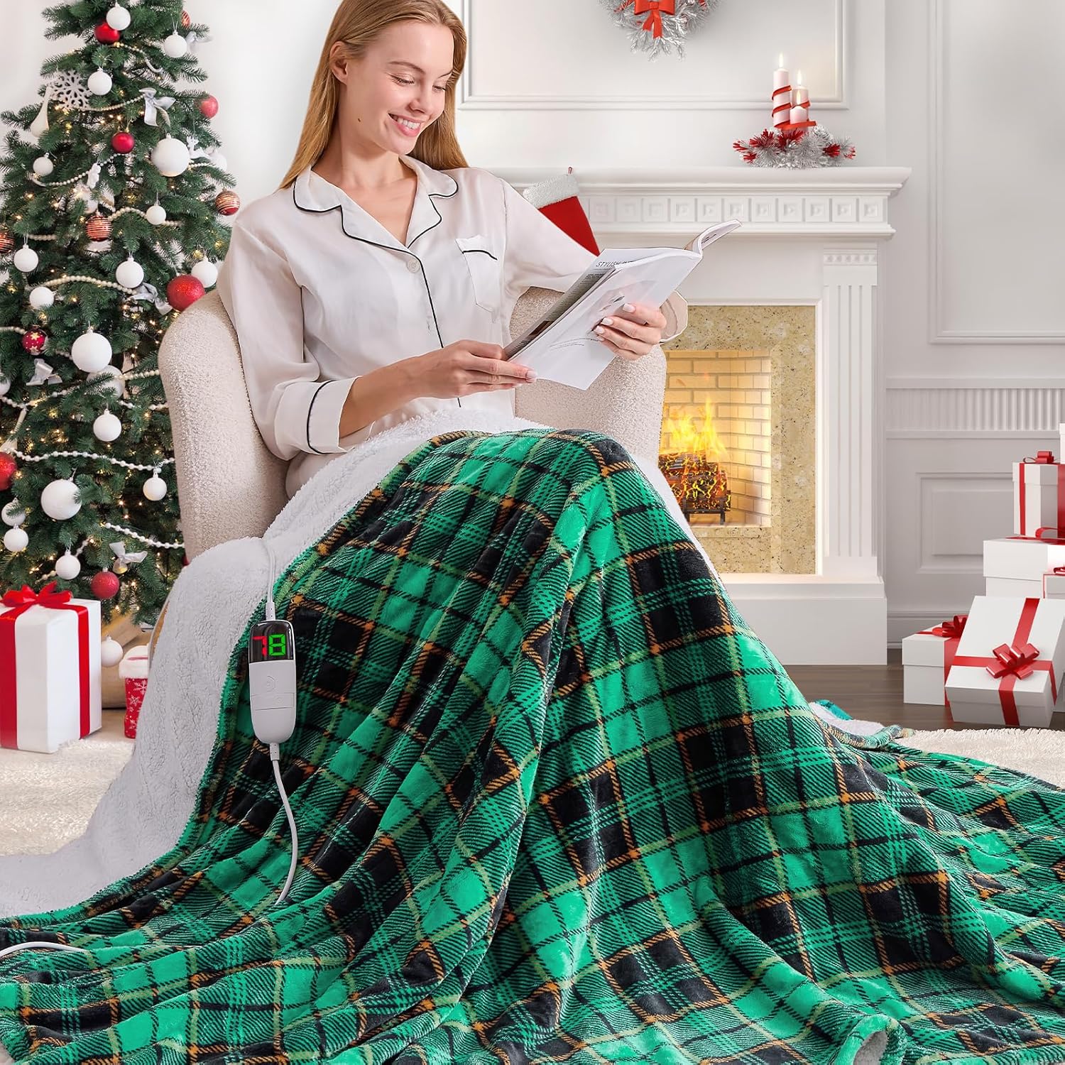 Heated Blanket Electric Throw, 50X60, Heating Throw with 10 Heating Levels/8 Hours Auto Off, Navy Blue Plaid Checkered Sherpa Blanket Warmer for Adults, Washable Blanket Gift for Couch Bed Office, ETL