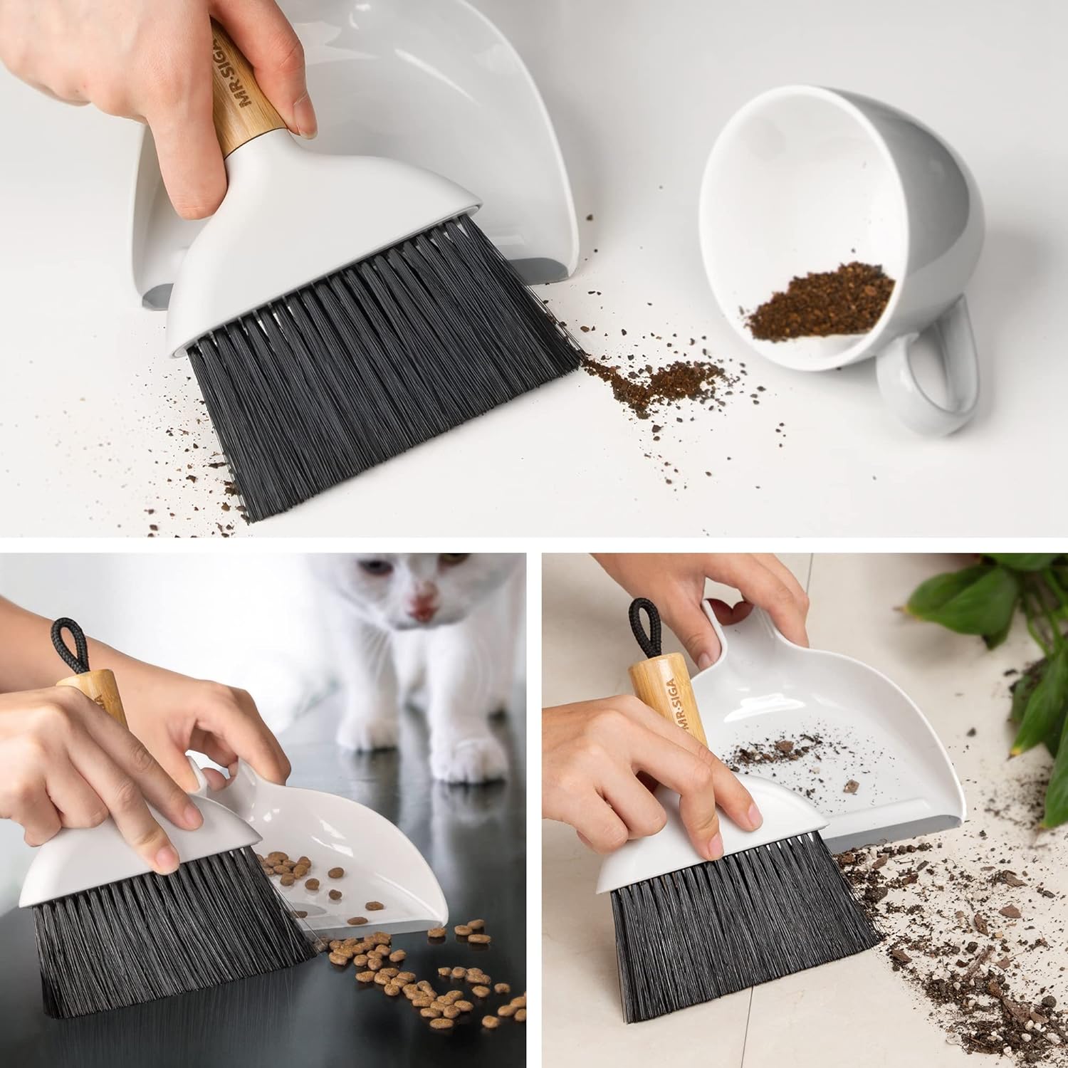 MR.SIGA Dustpan and Brush Set, Portable Cleaning Brush and Dustpan Combo with Bamboo Handle, 1 Set