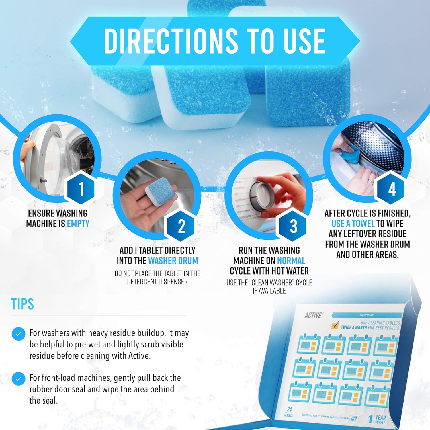 Washing Machine Cleaner Descaler 24 Pack - Deep Cleaning Tablets For HE Front Loader & Top Load Washer, Septic Safe Eco-Friendly Deodorizer, Clean Inside Drum and Laundry Tub Seal - 12 Month Supply