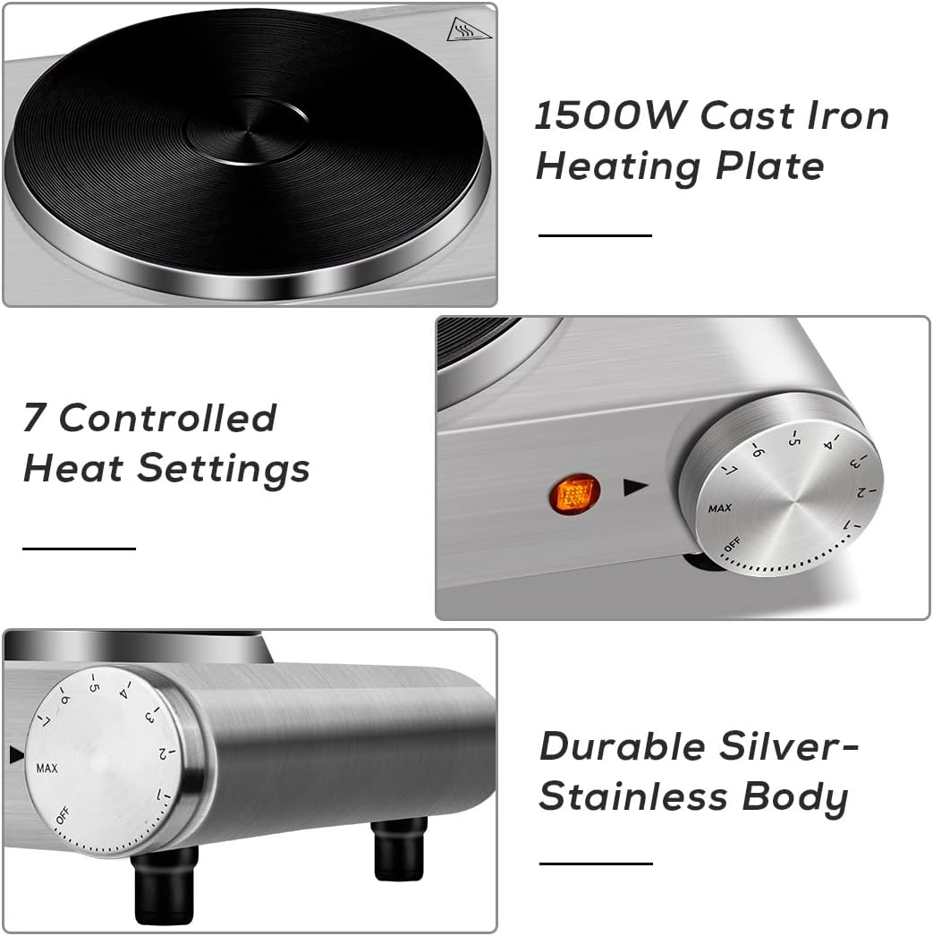 CUSIMAX 1800W Ceramic Electric Hot Plate for Cooking, Dual Control Infrared Cooktop, Double Burner, Portable Countertop Burner, Glass Plate Electric Cooktop, Silver, Stainless Steel-Upgraded Version