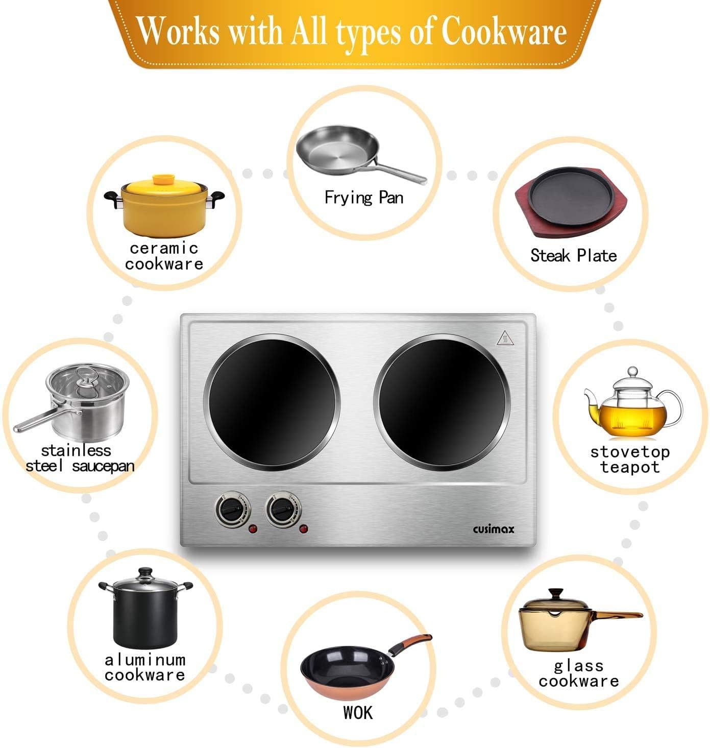 CUSIMAX Electric Hot Plate for Cooking Portable Single Burner 1500W Cast Iron hot plates Heat-up in Seconds Adjustable Temperature Control Stainless Steel Non-Slip Rubber Feet Upgraded Version B101