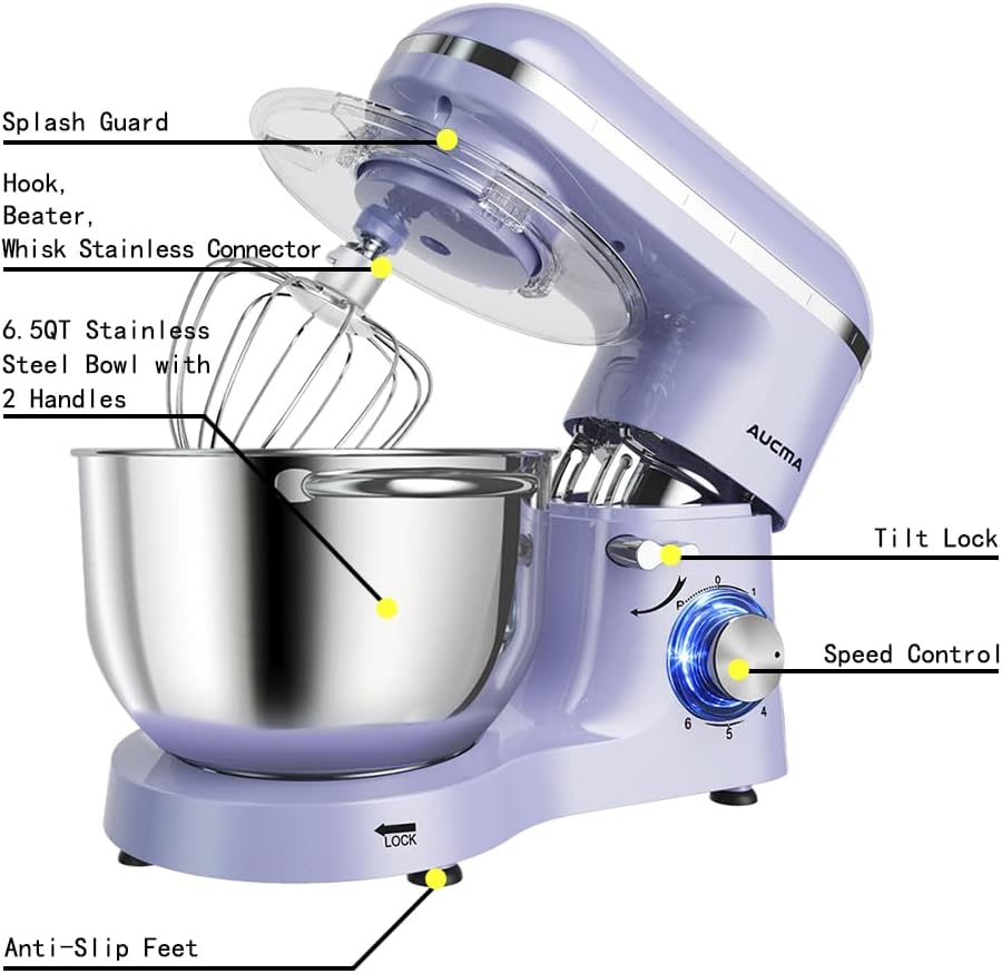 Aucma Stand Mixer,6.5-QT 660W 6-Speed Tilt-Head Food Mixer, Kitchen Electric Mixer with Dough Hook, Wire Whip & Beater (6.5QT, Black)