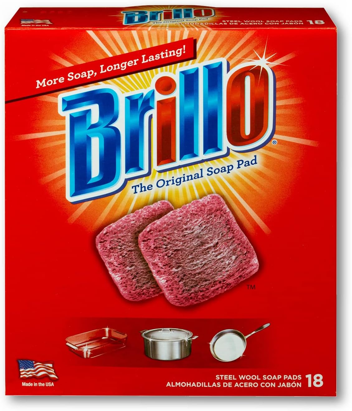 Brillo Steel Wool Soap Pads, Long Lasting, Original Scent Cleaning, 18 Count (Original, 18 Count (Pack of 2))