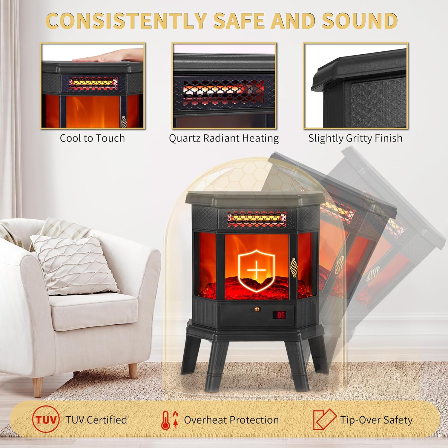 RealSmart Electric Fireplace Heater 22 in Freestanding Fireplace Stove Infrared Fireplace with 3D Flame Effect Remoted Control, Timer, Overheating Protection (Gray)