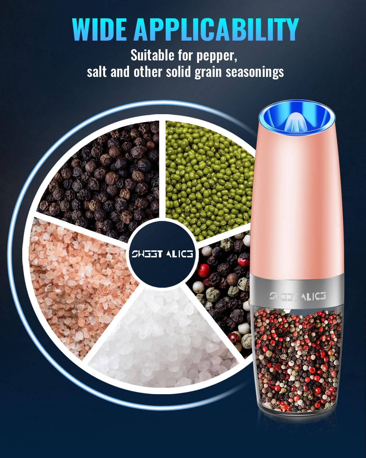Sweet Alice Gravity Electric Pepper and Salt Grinder Set, Adjustable Coarseness, Battery Powered with LED Light, One Hand Automatic Operation, Stainless Steel Black, 2 Pack
