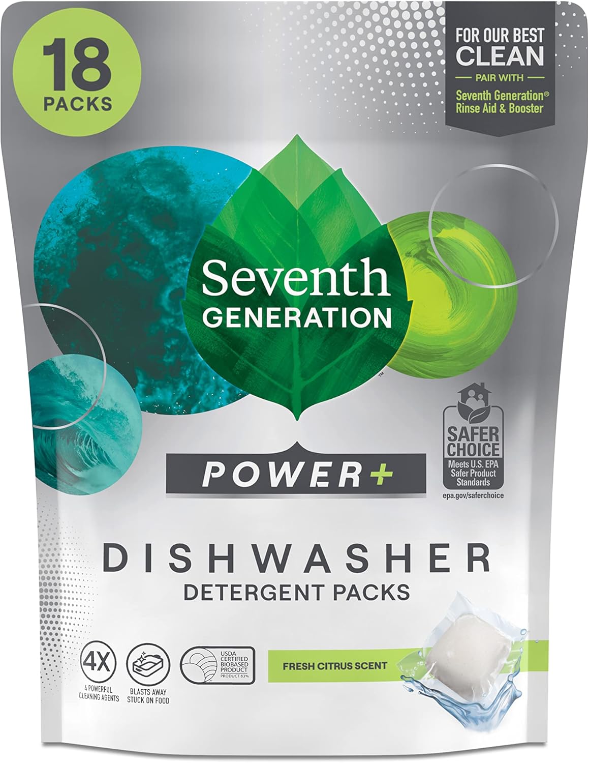 Seventh Generation Power+ Dishwasher Detergent Packs Fresh Citrus scent 1 for sparkling dishes Dishwasher tabs 70 count