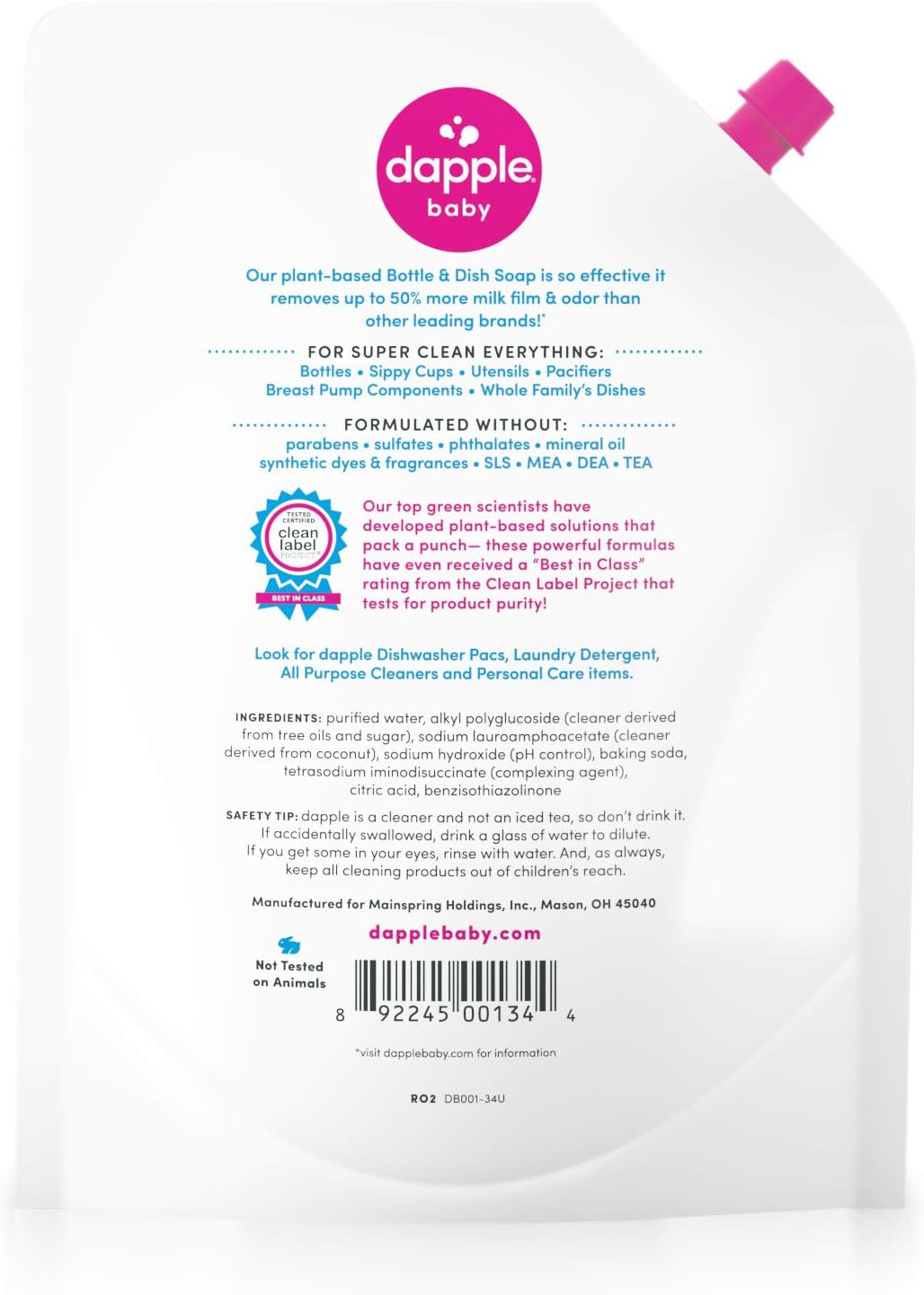 Dapple Baby, Bottle and Dish Soap Dish Liquid Plant Based Hypoallergenic 1 Pump Included, Packaging May Vary, Fragrance Free, 16.9 Fl Oz (Pack of 3)