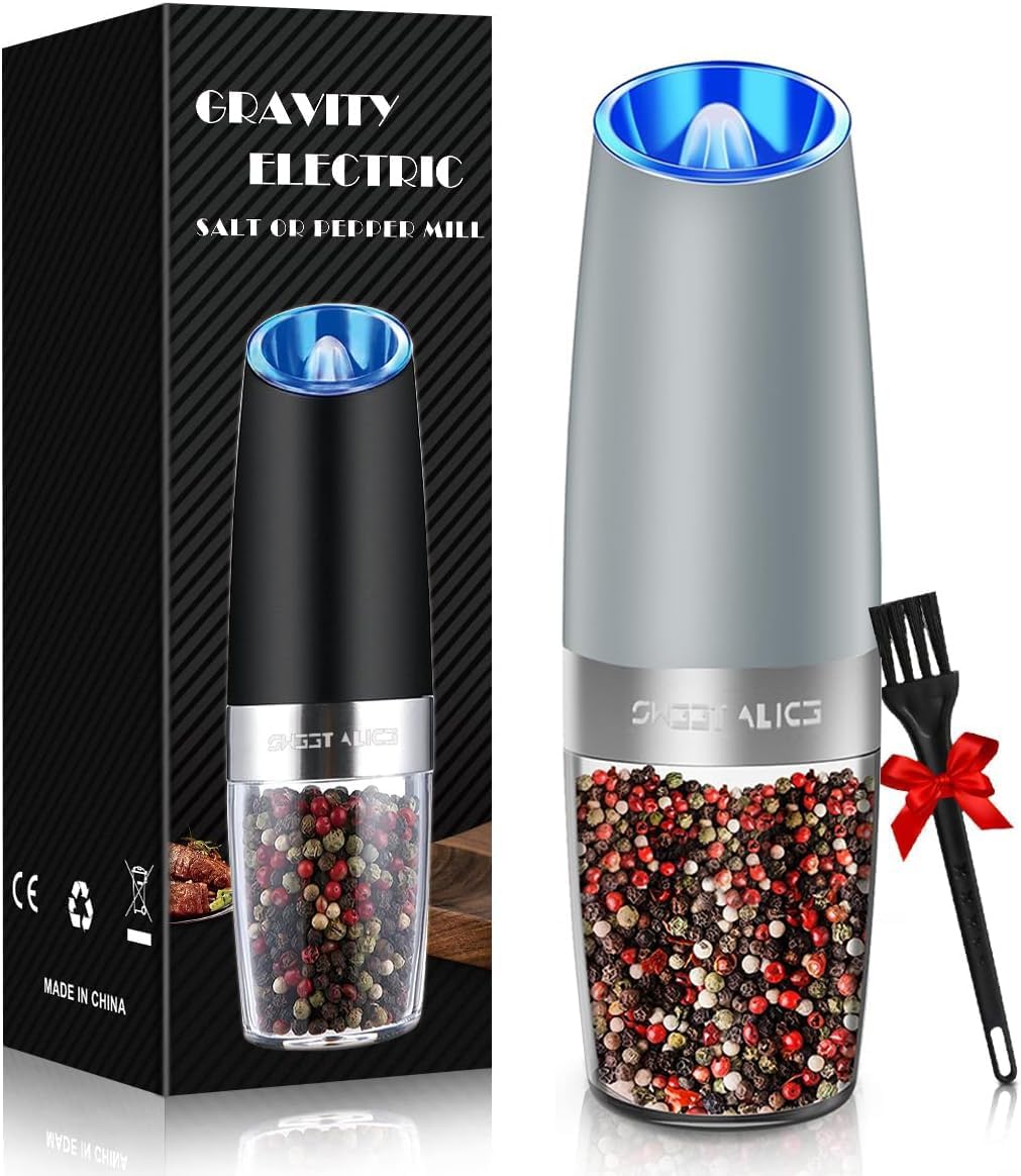 Sweet Alice Gravity Electric Pepper and Salt Grinder Set, Adjustable Coarseness, Battery Powered with LED Light, One Hand Automatic Operation, Stainless Steel Black, 2 Pack