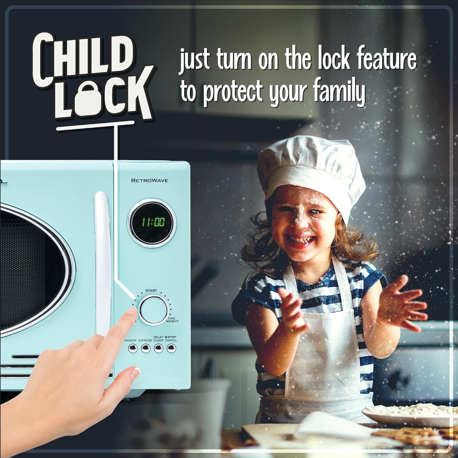 Nostalgia Retro Compact Countertop Microwave Oven - 0.7 Cu. Ft. - 700-Watts with LED Digital Display - Child Lock - Easy Clean Interior - Aqua