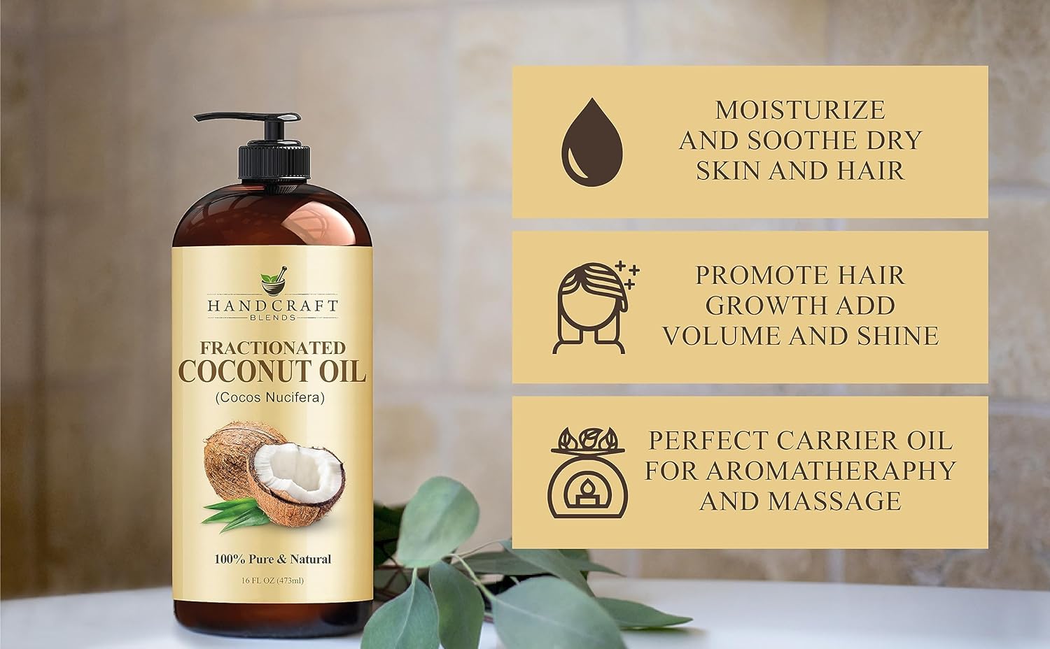 Handcraft Blends Fractionated Coconut Oil - 16 Fl Oz - 100% Pure and Natural - Premium Grade Oil for Skin and Hair - Carrier Oil - Hair and Body Oil - Massage Oil - Hair Tonic
