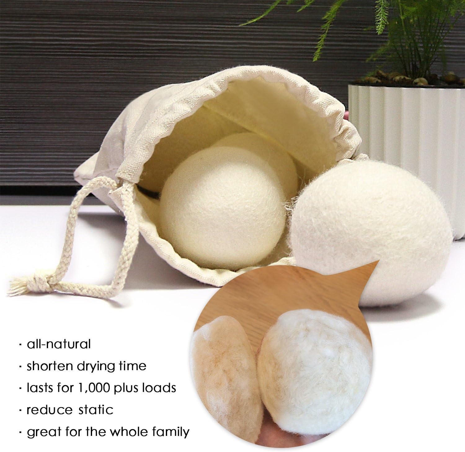 6 Pack All Natural Organic Wool Dryer Balls XL Size - Reusable Chemical Free Natural Fabric Softener, Anti Static, Reduces Clothing Wrinkles and Saves Drying Time