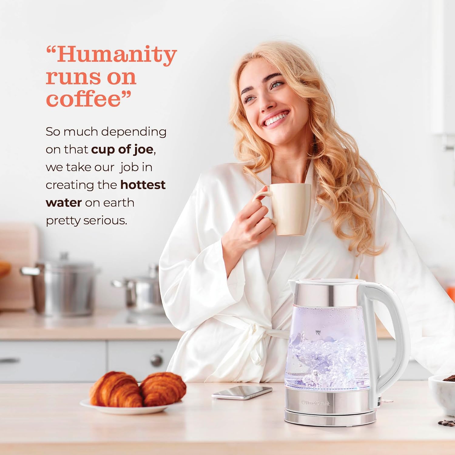 Speed-Boil Electric Kettle For Coffee & Tea - 1.7L Water Boiler 1500W, Borosilicate Glass, Easy Clean Wide Opening, Auto Shut-Off, Cool Touch Handle, LED Light. 360° Rotation, Boil Dry Protection