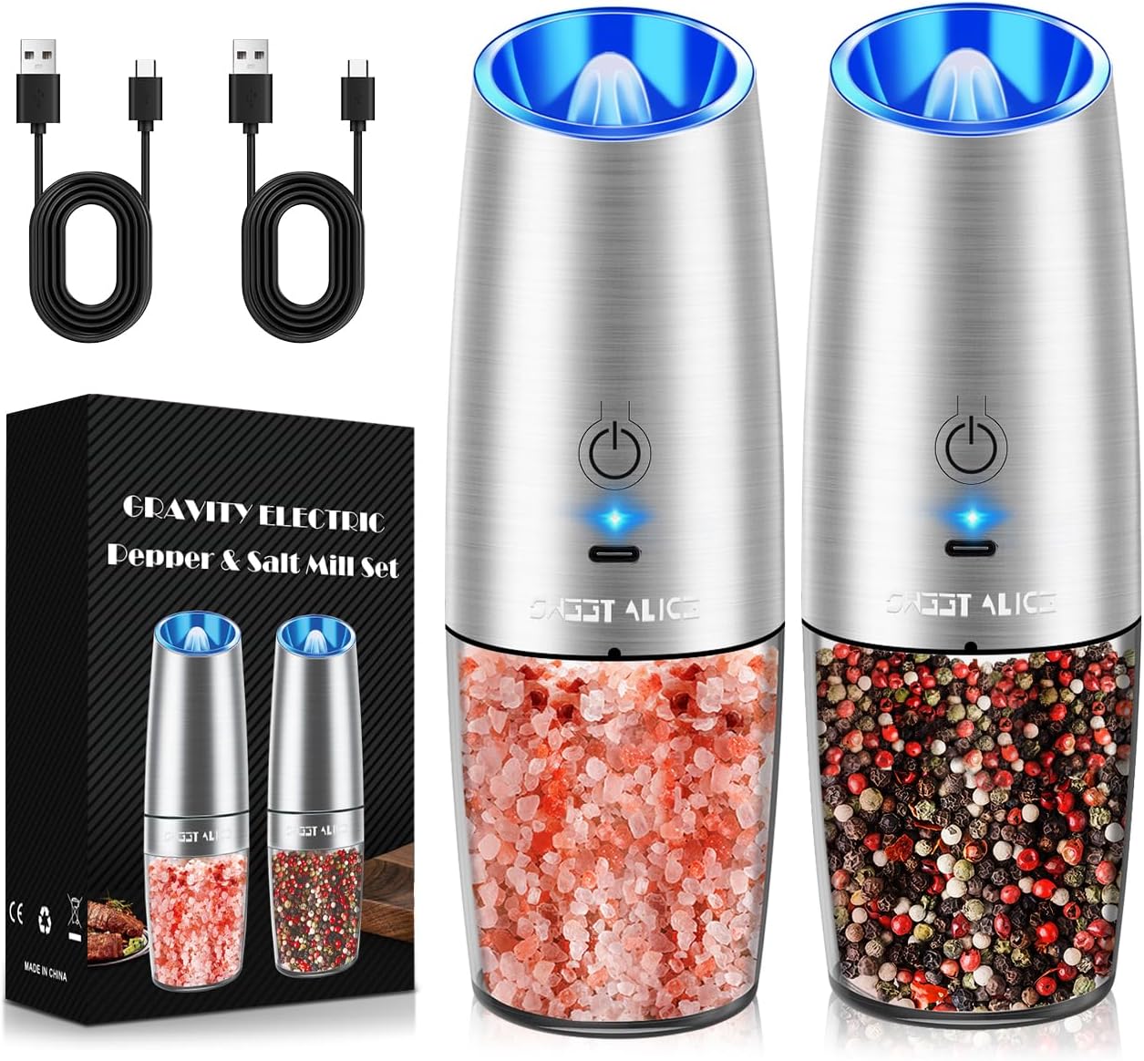 Sweet Alice Gravity Electric Pepper and Salt Grinder Set, Adjustable Coarseness, Battery Powered with LED Light, One Hand Automatic Operation, Stainless Steel Black, 2 Pack