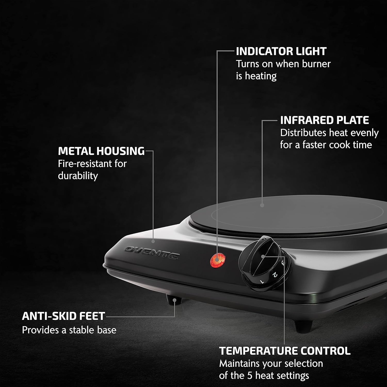 OVENTE Countertop Infrared Single Burner, 1000W Electric Hot Plate with 7” Ceramic Glass Cooktop, 5 Level Temperature Setting & Easy to Clean Base, Compact Stove for Home Dorm Office, Silver BGI101S