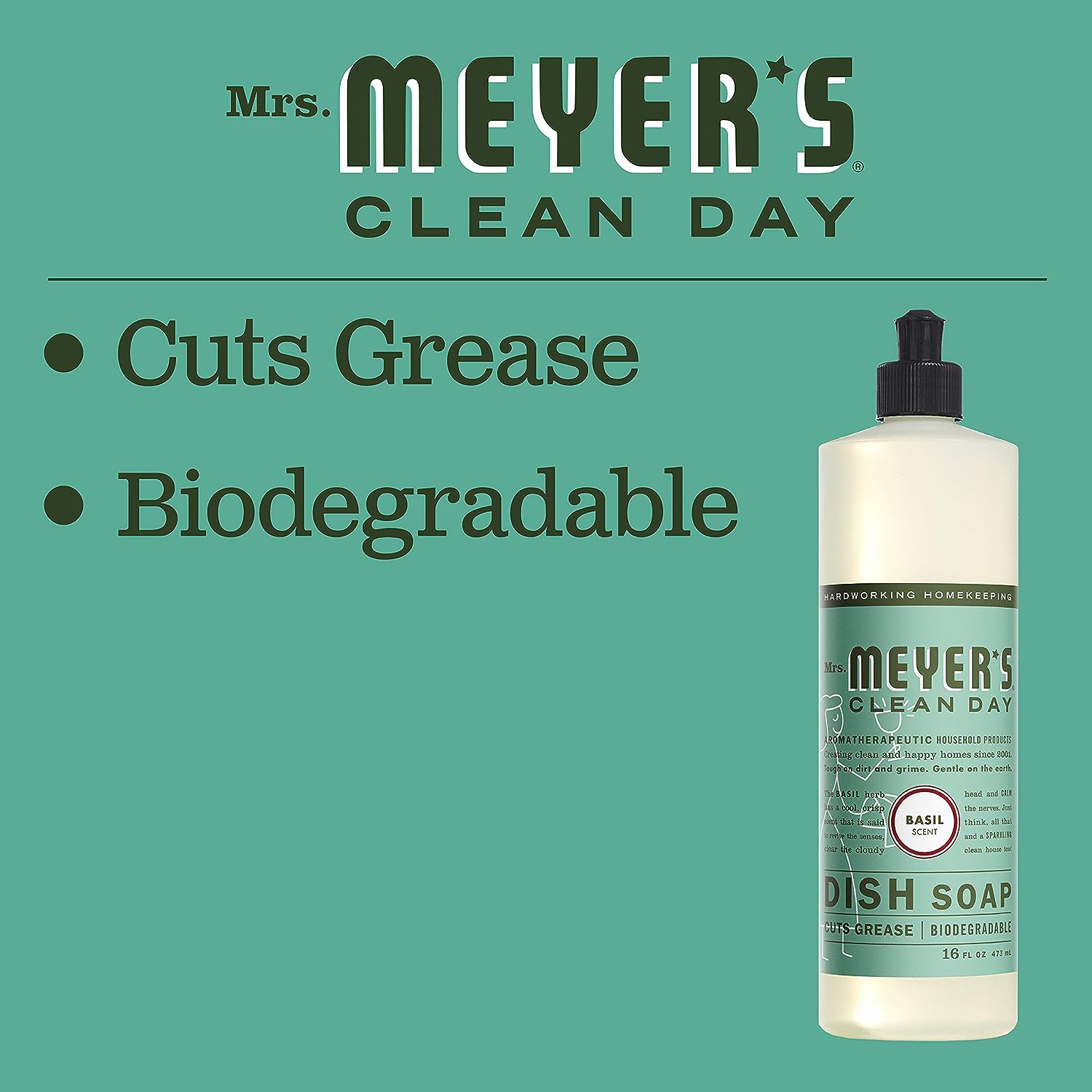 Mrs. Meyer's Liquid Dish Soap, Biodegradable Formula, Basil, 16 fl. oz - Pack of 3
