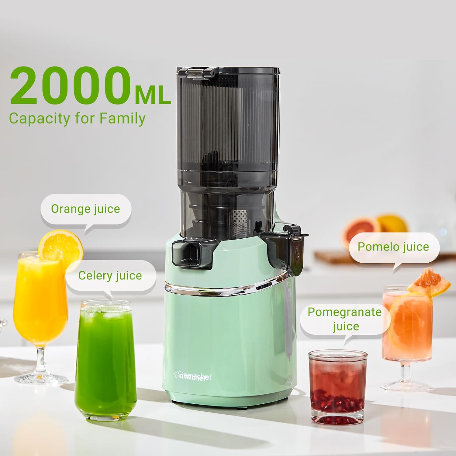Juicer Machines, AMZCHEF 5.3-Inch Self-Feeding Masticating Juicer Fit Whole Fruits & Vegetables, Cold Press Electric Juicer Machines with High Juice Yield, Easy Cleaning, BPA Free, 250W, Black