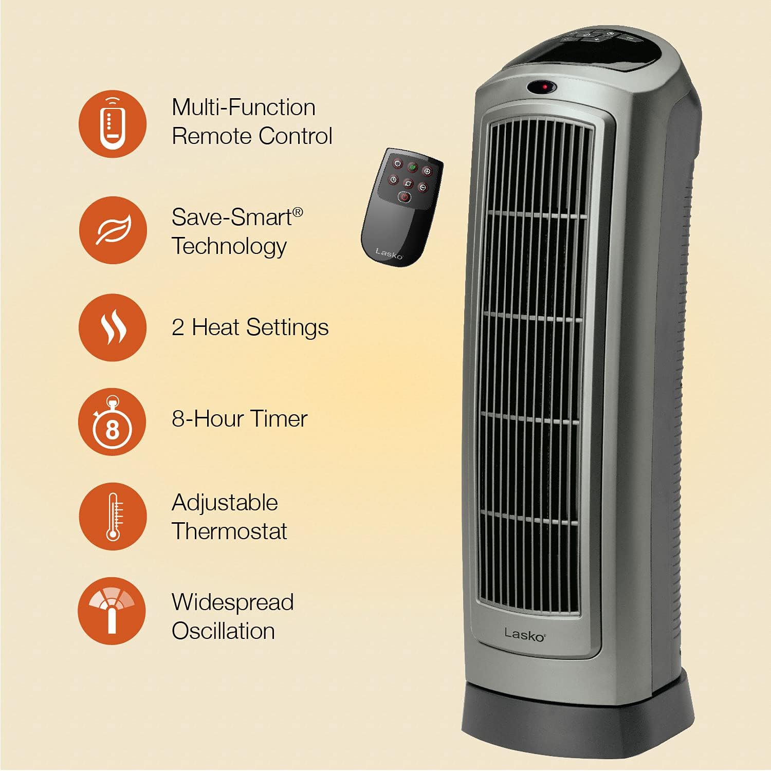 Lasko Oscillating Digital Ceramic Tower Heater for Home with Adjustable Thermostat, Timer and Remote Control, 23 Inches, 1500W, Silver, 755320, 8.5″L x 7.25″W x 23″H, Silver