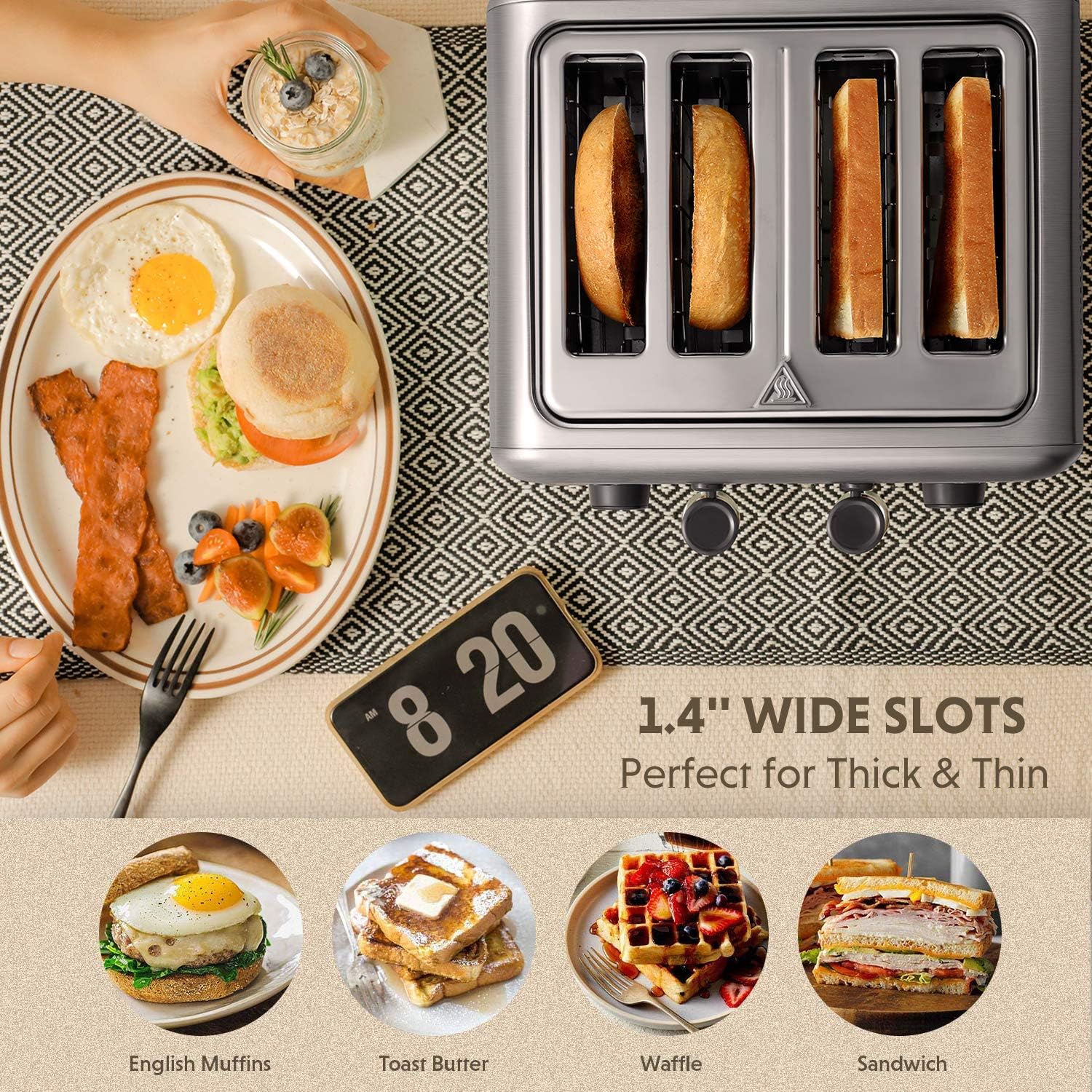 BUYDEEM DT620 2-Slice Toaster, Extra Wide Slots, Retro Stainless Steel with High Lift Lever, Bagel and Muffin Function, Removal Crumb Tray, 7-Shade Settings,Stainless Steel