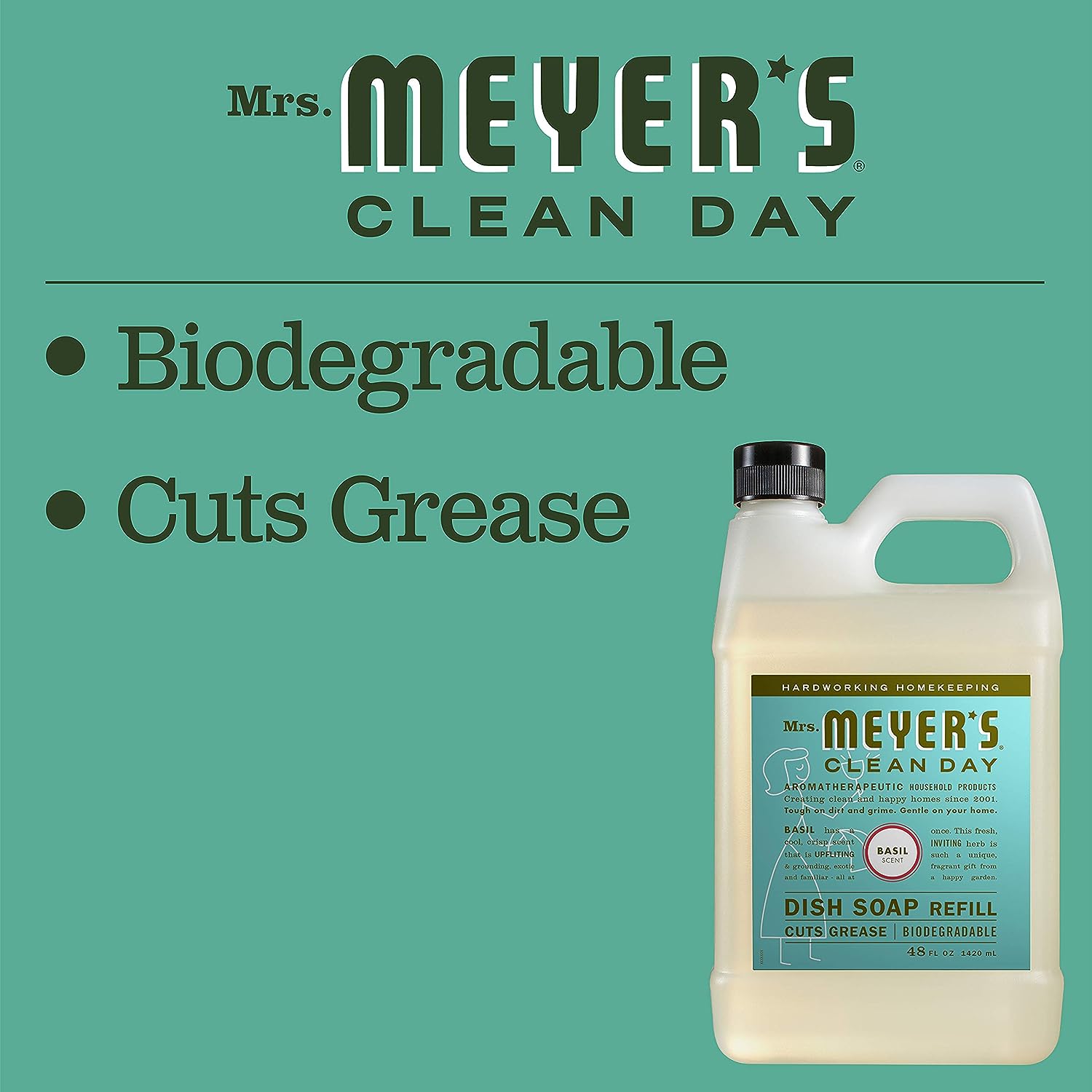 Mrs. Meyer's Liquid Dish Soap, Biodegradable Formula, Basil, 16 fl. oz - Pack of 3