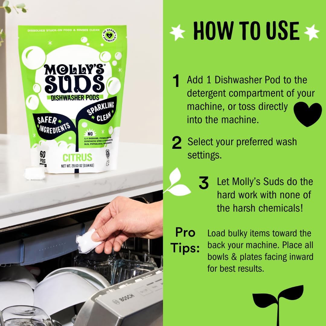 Molly's Suds Dishwasher Pods | Natural Dishwasher Detergent, Cuts Grease & Rinses Clean (Residue-Free) for Sparkling Dishes | 60 Auto-Release Tabs (Unscented)