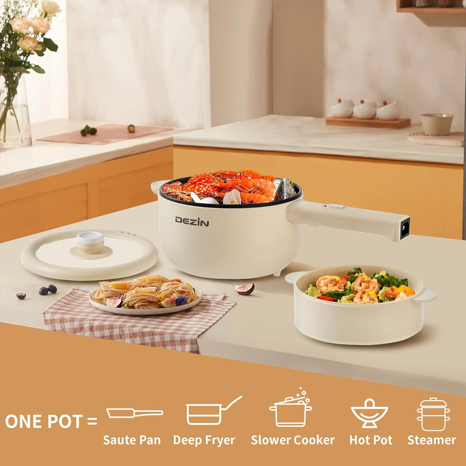 Dezin Electric Cooker, 2L Non-Stick Sauté Pan, Rapid Noodles Cooker, Mini Pot for Ramen with Power Adjustment, Dorm Room Essential (Egg Rack Included)