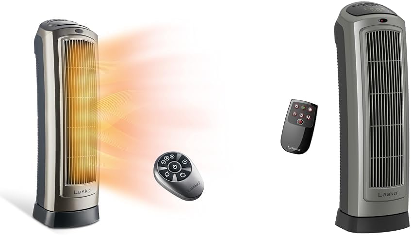 Lasko Oscillating Digital Ceramic Tower Heater for Home with Adjustable Thermostat, Timer and Remote Control, 23 Inches, 1500W, Silver, 755320, 8.5″L x 7.25″W x 23″H, Silver