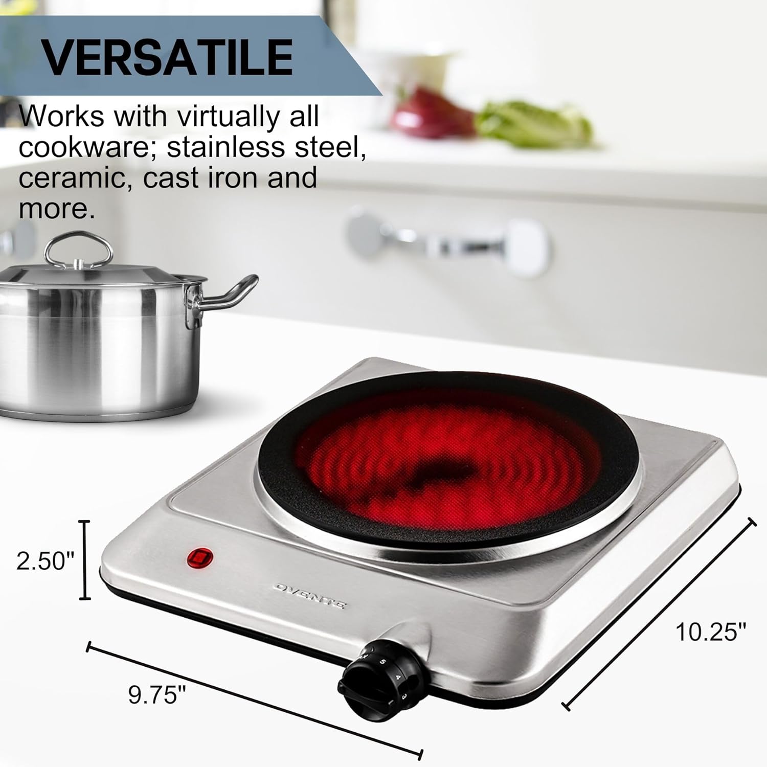 OVENTE Countertop Infrared Single Burner, 1000W Electric Hot Plate with 7” Ceramic Glass Cooktop, 5 Level Temperature Setting & Easy to Clean Base, Compact Stove for Home Dorm Office, Silver BGI101S