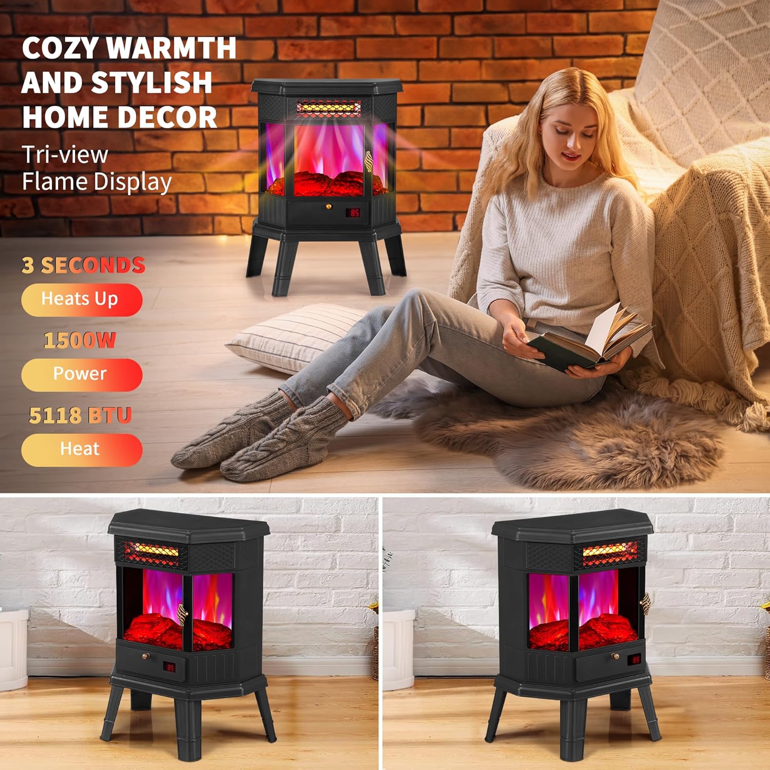 RealSmart Electric Fireplace Heater 22 in Freestanding Fireplace Stove Infrared Fireplace with 3D Flame Effect Remoted Control, Timer, Overheating Protection (Gray)
