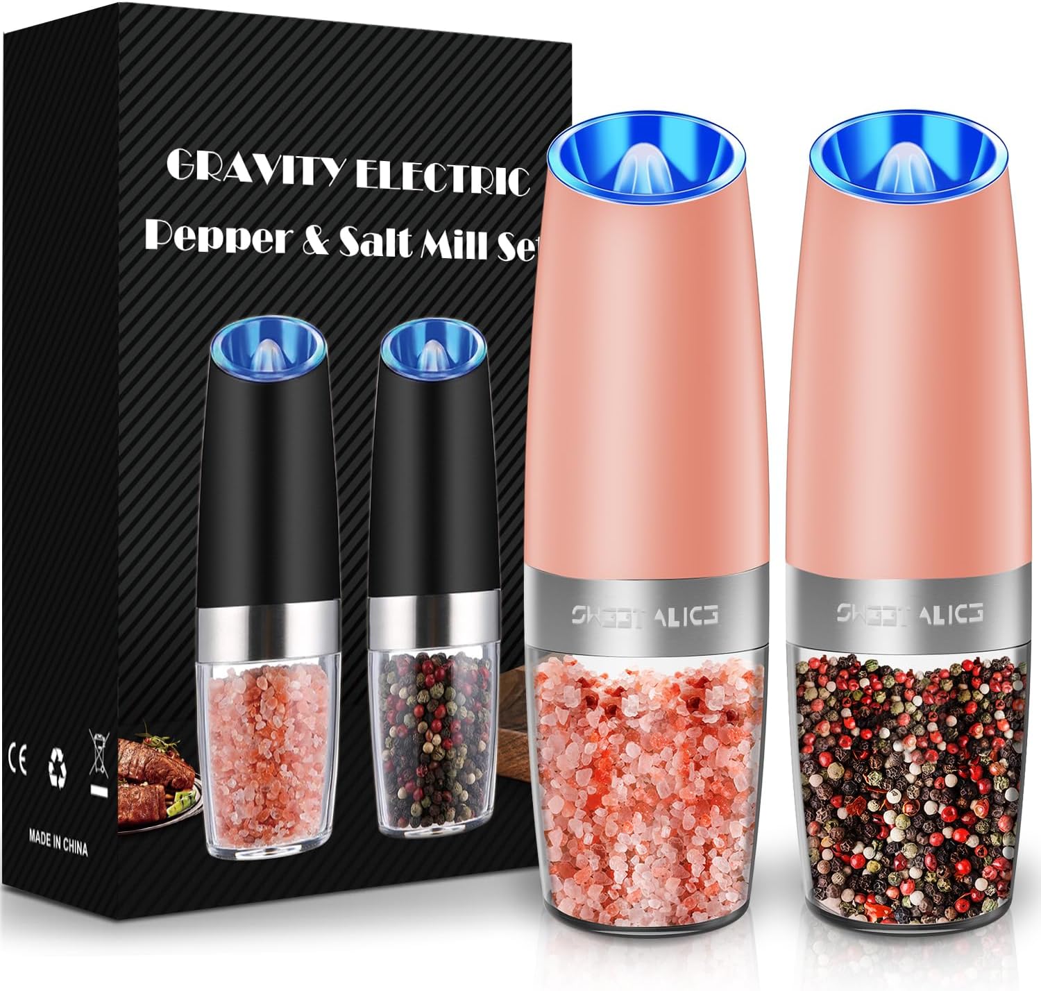 Sweet Alice Gravity Electric Pepper and Salt Grinder Set, Adjustable Coarseness, Battery Powered with LED Light, One Hand Automatic Operation, Stainless Steel Black, 2 Pack