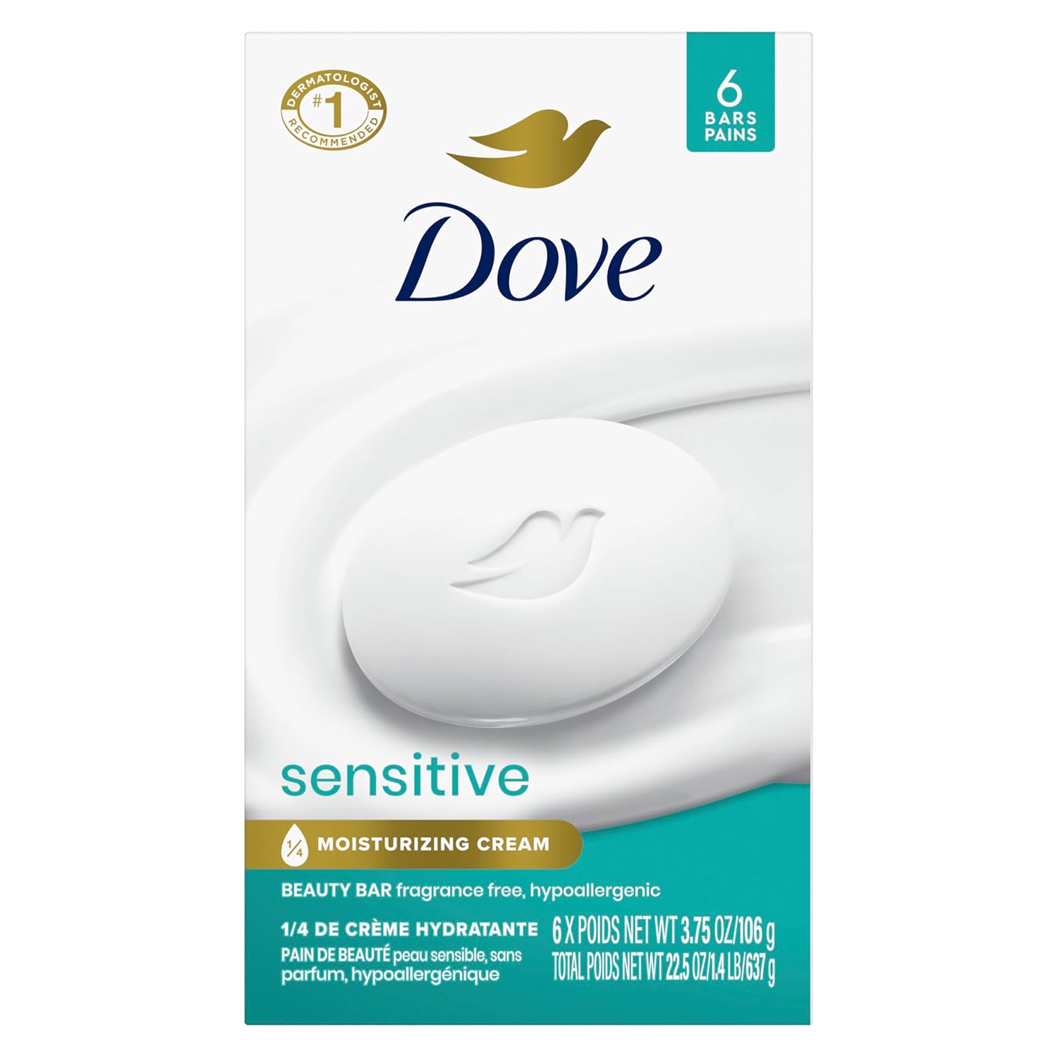 Dove Beauty Bar Soap Sensitive, 8 Bars for Sensitive Skin, Fragrance Free and Hypoallergenic 3.75 oz